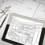 Computer,Tablet,Showing,Kitchen,Illustration,On,House,Plans,,Pencil,,Compass.