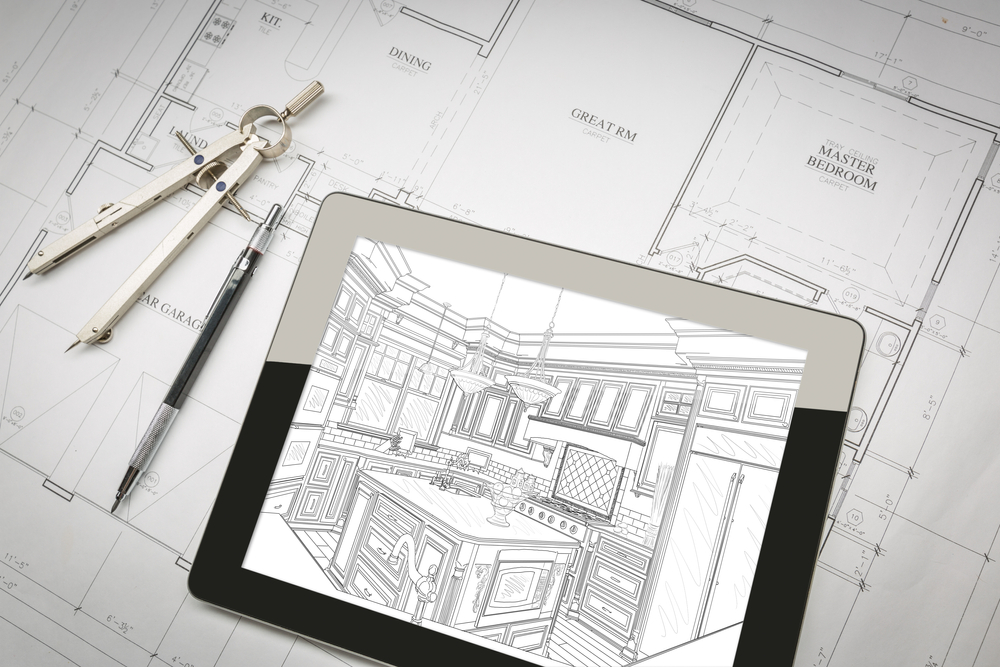 Computer,Tablet,Showing,Kitchen,Illustration,On,House,Plans,,Pencil,,Compass.